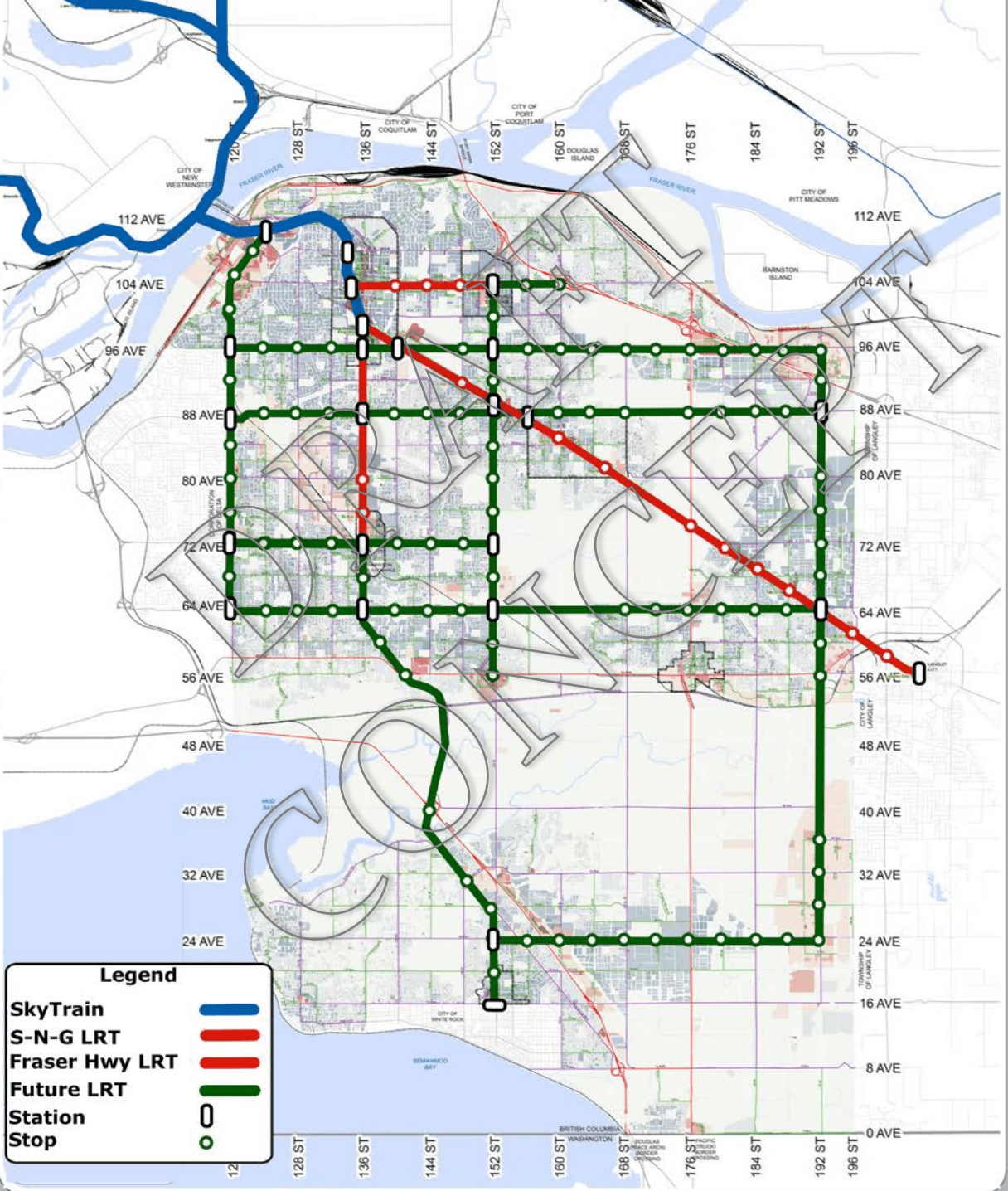 Map Of Surrey LRT Shows 150 KM Of Light Rail On Grid Network