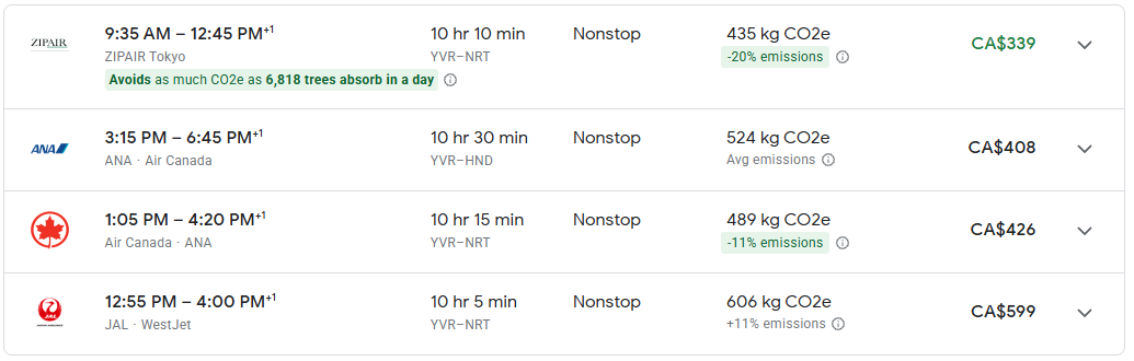 vancouver tokyo flights